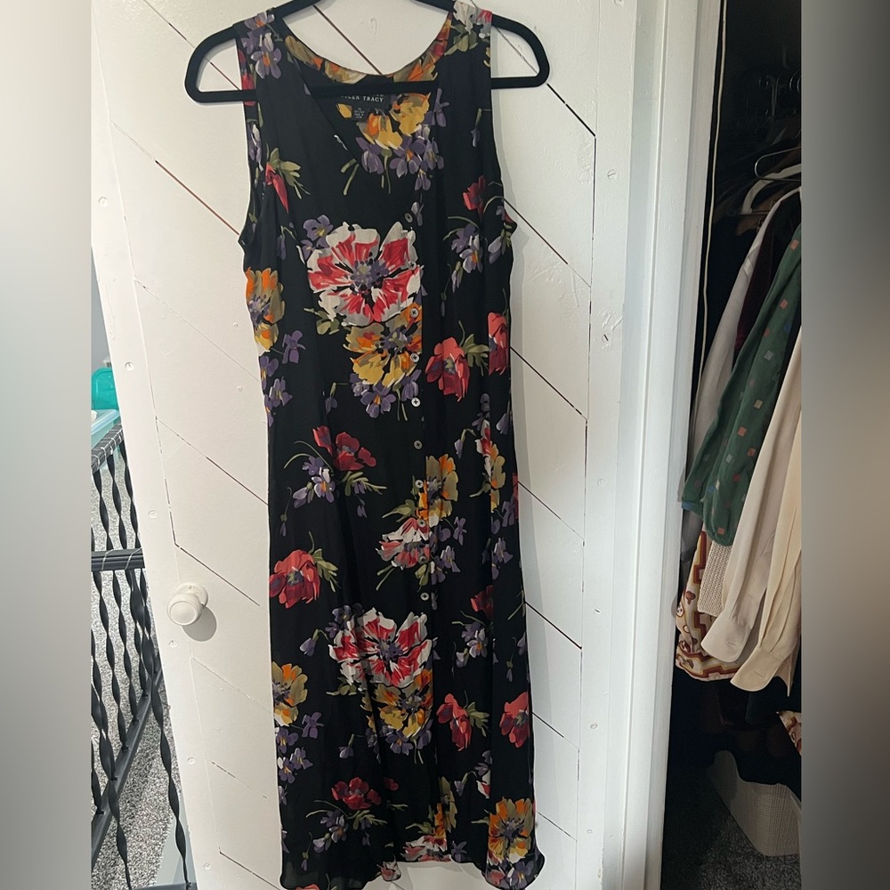 Vintage Black Floral Button-Front Maxi Dress